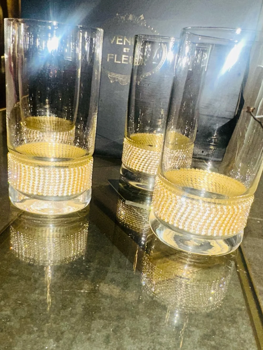 Set of 3 Clear Glass Vases with Gold Rhinestone Band